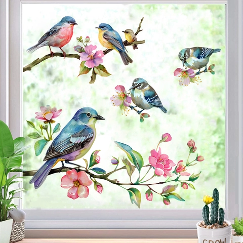Aquarel Bloem Vogel Venstersticker PVC Statische Glassticker Kersenbloesem Tak Woonkamer Huisdecoratie Sticker