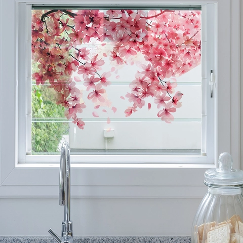 Pink Cherry Blossom Window Stickers Watercolor Sakura Wall Decals For Glass Bedroom Kitchen Home Decoration