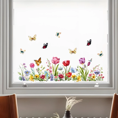 Adesivi per Finestre con Tulipani e Farfalle ad Acquerello in PVC Decalcomania da Parete Floreale per Camera da Letto Casa
