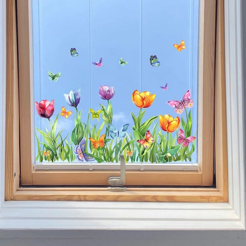 Watercolor Tulip Butterfly Window Sticker PVC Self Adhesive Glass Decal For Living Room Bedroom Home Wall Decoration