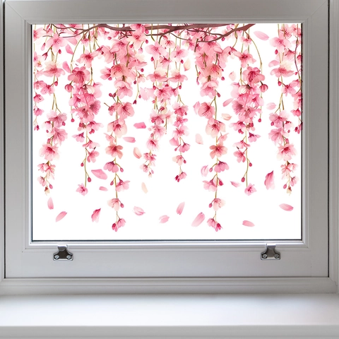 Pink Cherry Blossom Tree Branch Window Sticker Floral Wall Decal PVC Waterproof Glass Decoration For Home Bedroom Living Room
