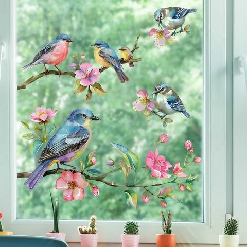 Aquarel Bloem Vogel Venstersticker PVC Statische Glassticker Kersenbloesem Tak Woonkamer Huisdecoratie Sticker