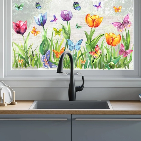 Aquarell Tulpe Schmetterling Fensteraufkleber Statische Glasfolie PVC Dekorative Blumenaufkleber Für Schlafzimmer Badezimmer Glastür