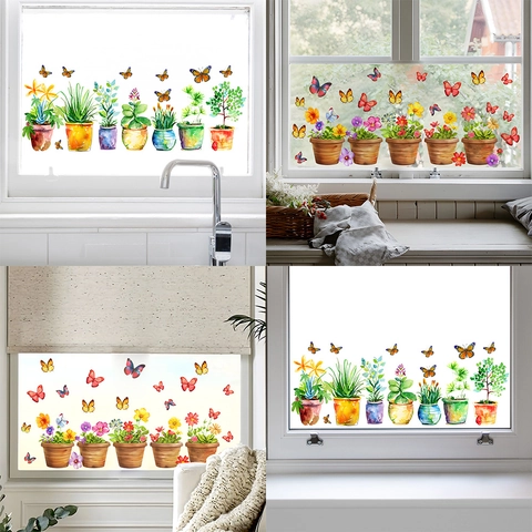 Watercolor Potted Plant Butterfly Window Stickers PVC Self Adhesive Flower Glass Decals For Home Kitchen Bedroom Decor