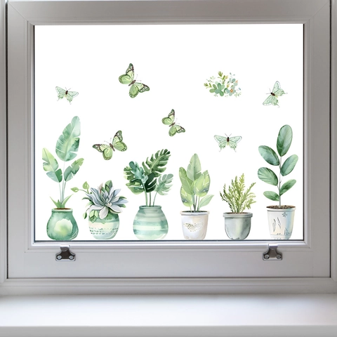 Watercolor Potted Plants Window Stickers PVC Waterproof Green Leaf Butterfly Wall Decals For Living Room Home Decor