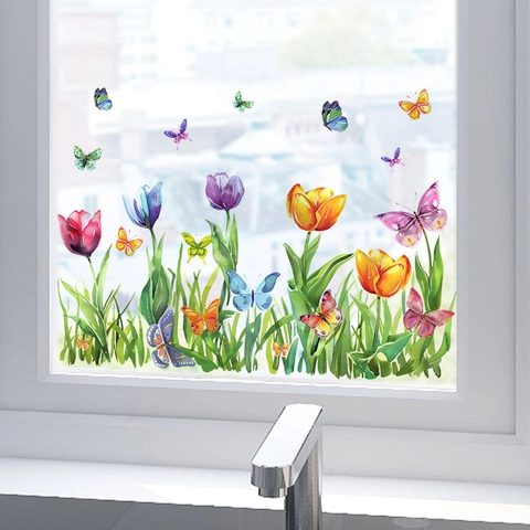 Watercolor Tulip Butterfly Window Sticker PVC Self Adhesive Glass Decal For Living Room Bedroom Home Wall Decoration