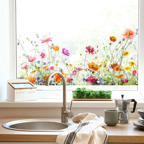 Aquarell Blume Wildblumen Fensteraufkleber PVC Floral Glastür Aufkleber Für Wohnzimmer Badezimmer Küche Home Dekoration