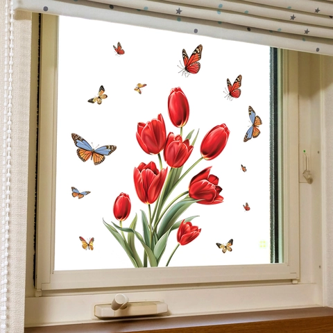 Vinilos Decorativos De Tulipán Rojo Y Mariposa PVC Autoadhesivo Pegatinas De Ventana De Vidrio Para Sala De Estar Dormitorio Cocina Hogar