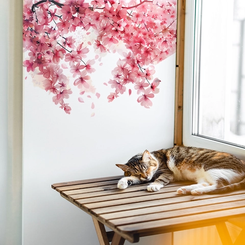 Pink Cherry Blossom Window Stickers Watercolor Sakura Wall Decals For Glass Bedroom Kitchen Home Decoration