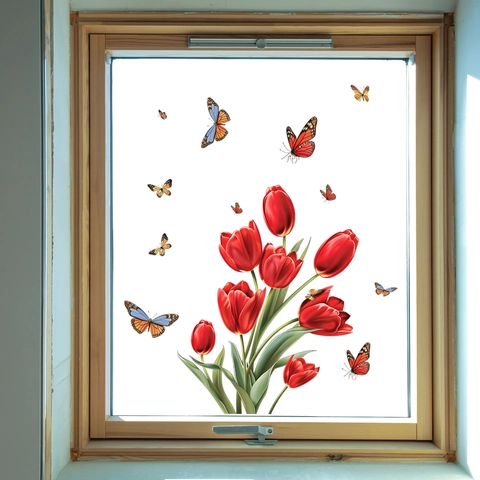 Vinilos Decorativos De Tulipán Rojo Y Mariposa PVC Autoadhesivo Pegatinas De Ventana De Vidrio Para Sala De Estar Dormitorio Cocina Hogar