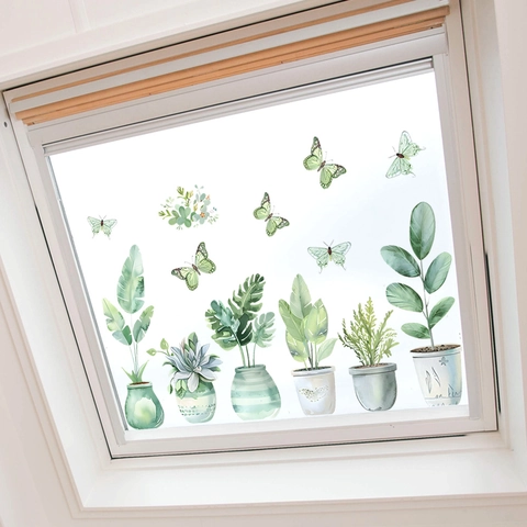 Watercolor Potted Plants Window Stickers PVC Waterproof Green Leaf Butterfly Wall Decals For Living Room Home Decor