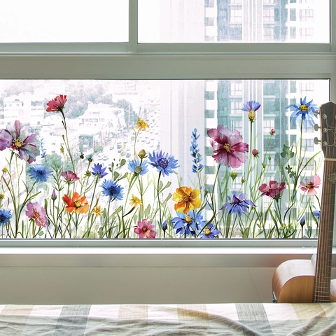 Watercolor Flower Leaves Wall Sticker PVC Self-Adhesive Floral Decal For Living Room Bedroom Glass Window Home Decoration