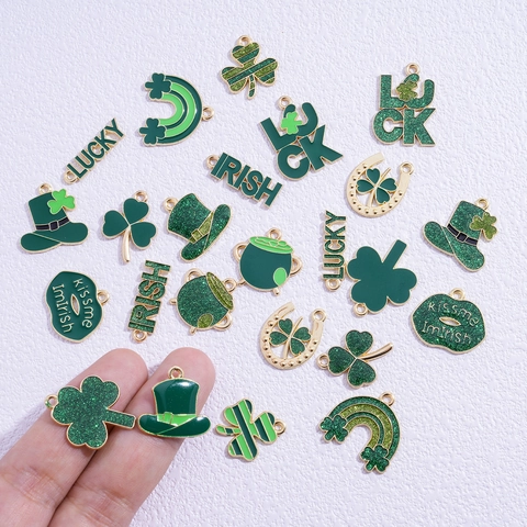 Saint Patrick's Day Shamrock Zinc Alloy Pendants For DIY Jewelry Making Lucky Irish Enamel Clover Rainbow Horseshoe Charms
