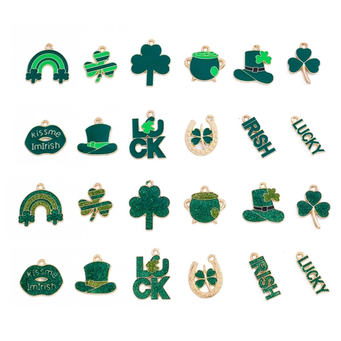 Saint Patrick's Day Shamrock Zinc Alloy Pendants For DIY Jewelry Making Lucky Irish Enamel Clover Rainbow Horseshoe Charms
