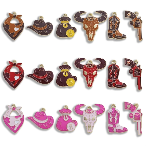 Vintage Western Cowboy Enamel Alloy Pendants DIY Jewelry Accessories Cowboy Hat Bull Skull Money Bag Boot Revolver Charms