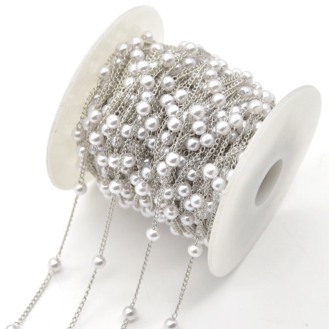 Vintage Copper Plated Chain With Spaced Round Artificial Pearls For DIY Jewelry Making Findings Hair Accessories Handcrafted Supplies