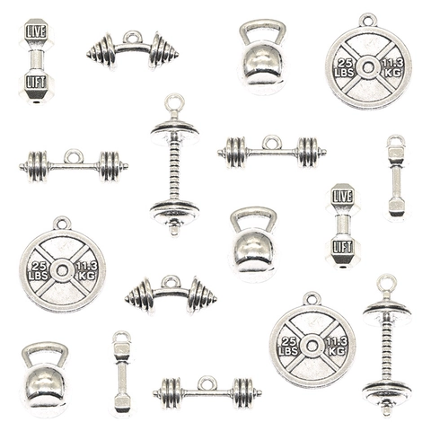 Vintage Alloy Fitness Equipment Dumbbell Kettlebell Barbell Plate Pendant For Necklace Bracelet DIY Jewelry Making Charms