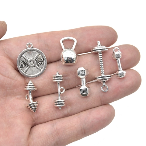 Vintage Alloy Fitness Equipment Dumbbell Kettlebell Barbell Plate Pendant For Necklace Bracelet DIY Jewelry Making Charms