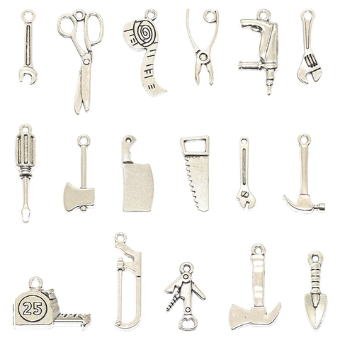 Pendentifs Vintage en Alliage de Zinc Mini-Outils Ménagers pour Fabrication de Bijoux DIY Argent Antique Clé Marteau Scie Accessoires