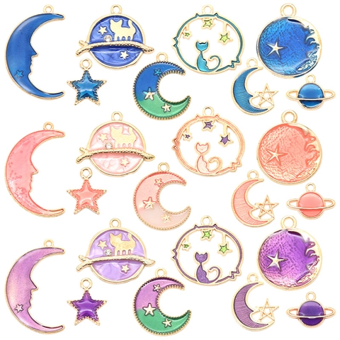 Enamel Alloy Star Moon Cat Pendants For Jewelry Making DIY Celestial Charms For Bracelet Necklace Keychain For Women Girls