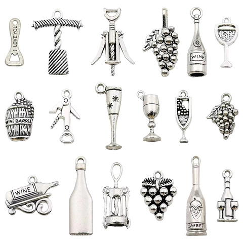 Vintage Antique Silver Zinc Alloy Wine Charms Pendants Wine Bottle Glass Opener Grapes For Jewelry Making DIY Craft Supplies
