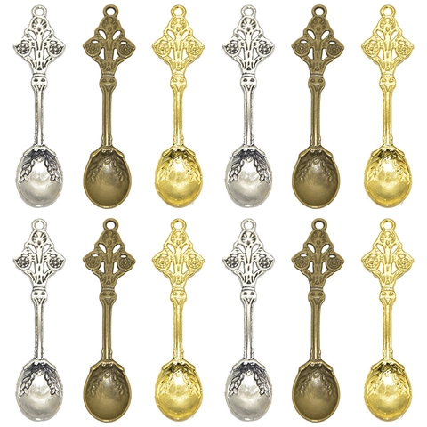 Vintage Zinc Alloy Spoon Charms Floral Embossed Pendants For DIY Necklace Keychain Making Antique Silver Bronze Gold Jewelry Accessory