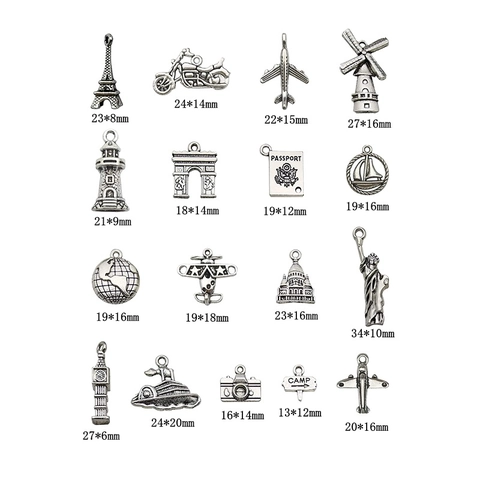 Vintage Alloy Travel Pendants DIY Jewelry Accessories Eiffel Tower Airplane Passport Camera Antique Silver Charms For Crafting