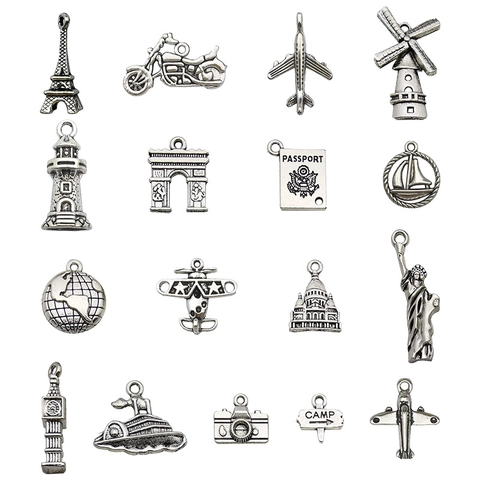 Vintage Alloy Travel Pendants DIY Jewelry Accessories Eiffel Tower Airplane Passport Camera Antique Silver Charms For Crafting