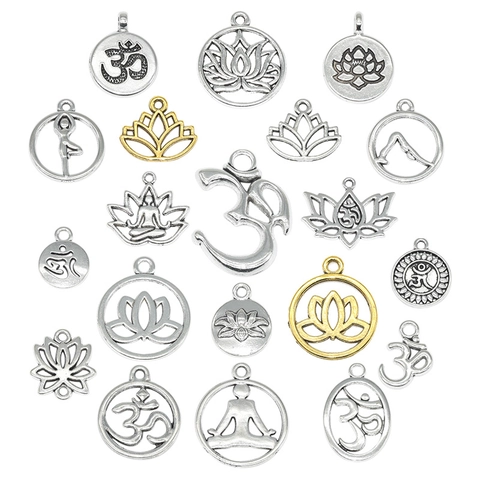 Vintage Zinc Alloy Yoga Lotus Om Symbol Pendants For DIY Jewelry Making Antique Silver Gold Plated Metal Charms Findings Accessories