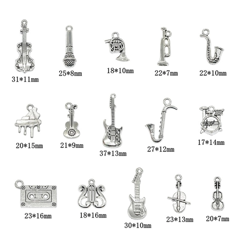 Vintage Zinklegering Muziekinstrument Hangers DIY Sieraden Accessoires Gitaar Viool Piano Saxofoon Antiek Zilver Metalen Charms