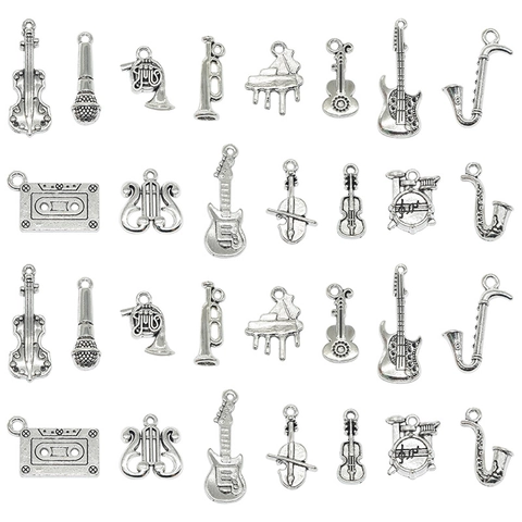 Vintage Zinklegering Muziekinstrument Hangers DIY Sieraden Accessoires Gitaar Viool Piano Saxofoon Antiek Zilver Metalen Charms
