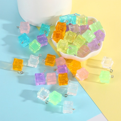 Luminous Simulation Resin Ice Cube Pendants Colorful Transparent Glow In The Dark Cube Charms For DIY Jewelry Making Necklace Decor