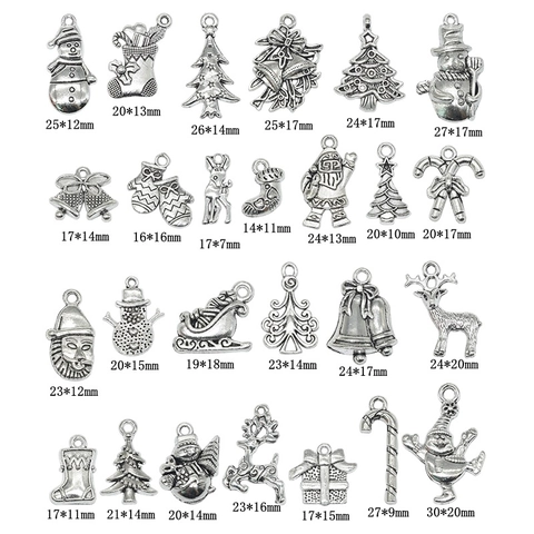 Antique Silver Christmas Theme Zinc Alloy Charms For DIY Jewelry Making Snowman Santa Claus Elk Tree Bell Pendants Vintage Accessories