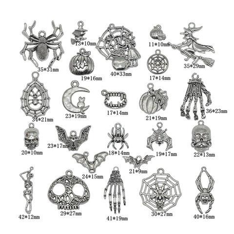 Antique Silver Halloween Alloy Pendants Retro Pumpkin Skull Bat Spider Charms For DIY Necklace Jewelry Making Festive Decor