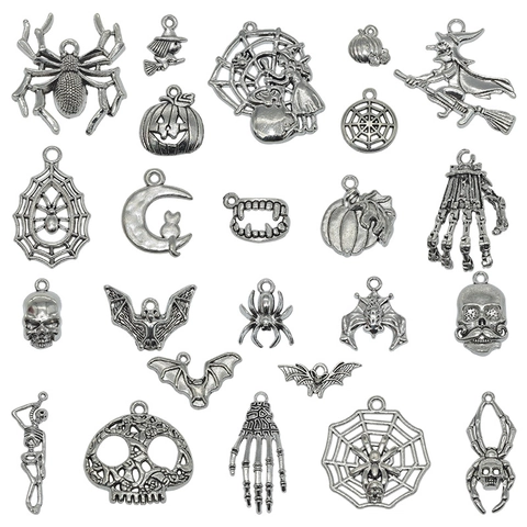 Antique Silver Halloween Alloy Pendants Retro Pumpkin Skull Bat Spider Charms For DIY Necklace Jewelry Making Festive Decor