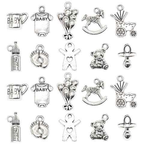 Antique Silver Zinc Alloy Baby Series Charms For DIY Jewelry Making Rocking Horse Milk Bottle Bear Pendants Handcraft Accessories