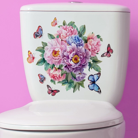 Pegatina de Inodoro de Peonía y Mariposa PVC Impermeable Removible Autoadhesiva Mural de Pared para Baño Decoración