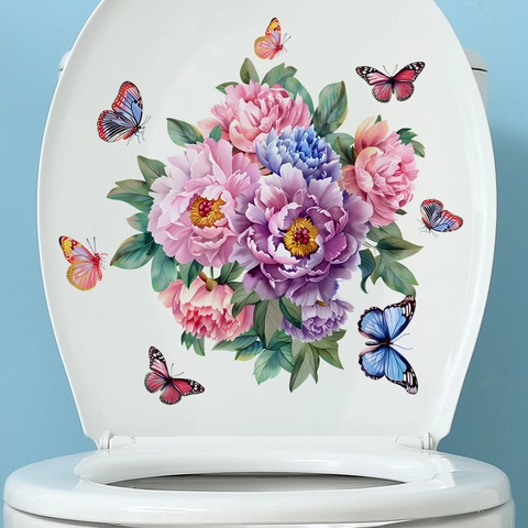 Pegatina de Inodoro de Peonía y Mariposa PVC Impermeable Removible Autoadhesiva Mural de Pared para Baño Decoración