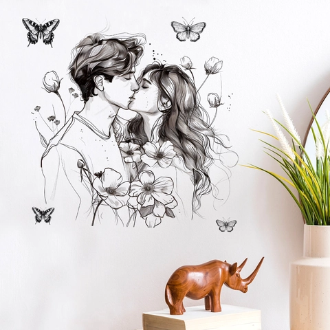 Couple Kissing Wall Sticker Butterfly Flower Pattern Black PVC Removable Romantic Art Mural For Bedroom Wedding Decor