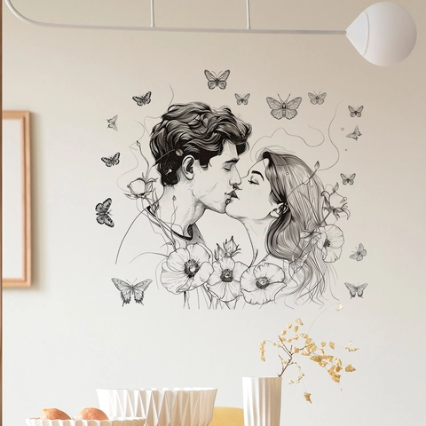 Romantic Couple Kissing Line Art Wall Sticker PVC Waterproof Minimalist Flower Butterfly Wall Decal For Bedroom Home Decor