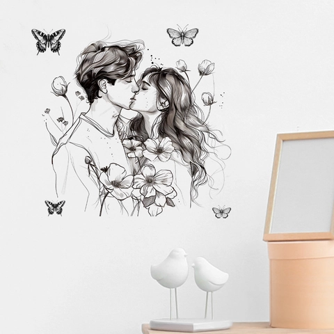 Couple Kissing Wall Sticker Butterfly Flower Pattern Black PVC Removable Romantic Art Mural For Bedroom Wedding Decor