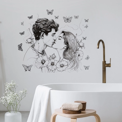 Romantic Couple Kissing Line Art Wall Sticker PVC Waterproof Minimalist Flower Butterfly Wall Decal For Bedroom Home Decor