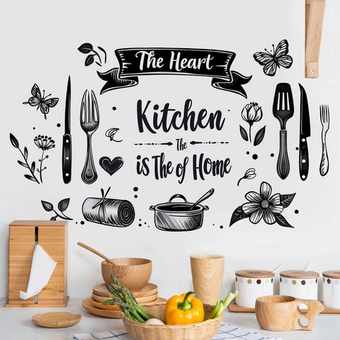 Kitchen Heart Of Home Quote Wall Sticker PVC Removable Decal Black Utensils Butterfly DIY Art Decor For Dining Room