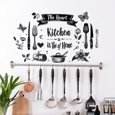 Kitchen Heart Of Home Quote Wall Sticker PVC Removable Decal Black Utensils Butterfly DIY Art Decor For Dining Room