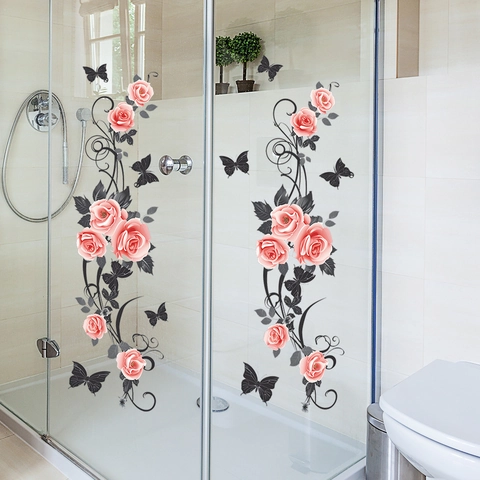 Pink Rose Butterfly Static Window Stickers PVC Floral Decorative Wall Decals For Glass Bathroom Decor Elegant Vine Art