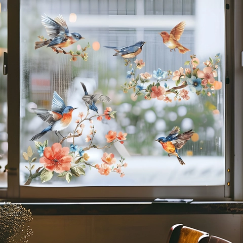 Watercolor Flower Branch Bird Butterfly Window Sticker Static Cling PVC Glass Decal For Home Living Room Bedroom Decoration