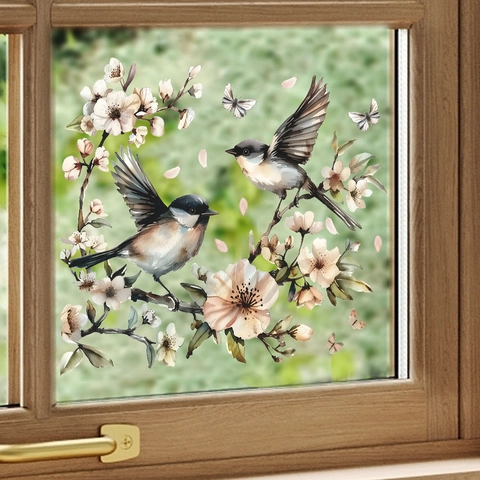 Adesivo Statico Per Finestre Con Uccelli E Fiori Ad Acquerello In PVC Decalcomania Decorativa Per Vetri Per Camera Da Letto Soggiorno