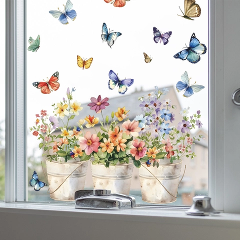 Watercolor Butterfly Flower Bucket Window Cling Static PVC Sticker For Glass Home Decor Bathroom Beautification Decoration