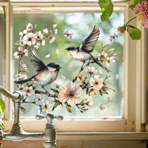 Adesivo Statico Per Finestre Con Uccelli E Fiori Ad Acquerello In PVC Decalcomania Decorativa Per Vetri Per Camera Da Letto Soggiorno