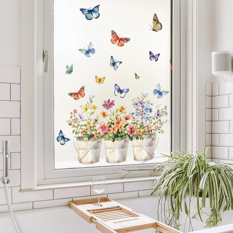 Watercolor Butterfly Flower Bucket Window Cling Static PVC Sticker For Glass Home Decor Bathroom Beautification Decoration